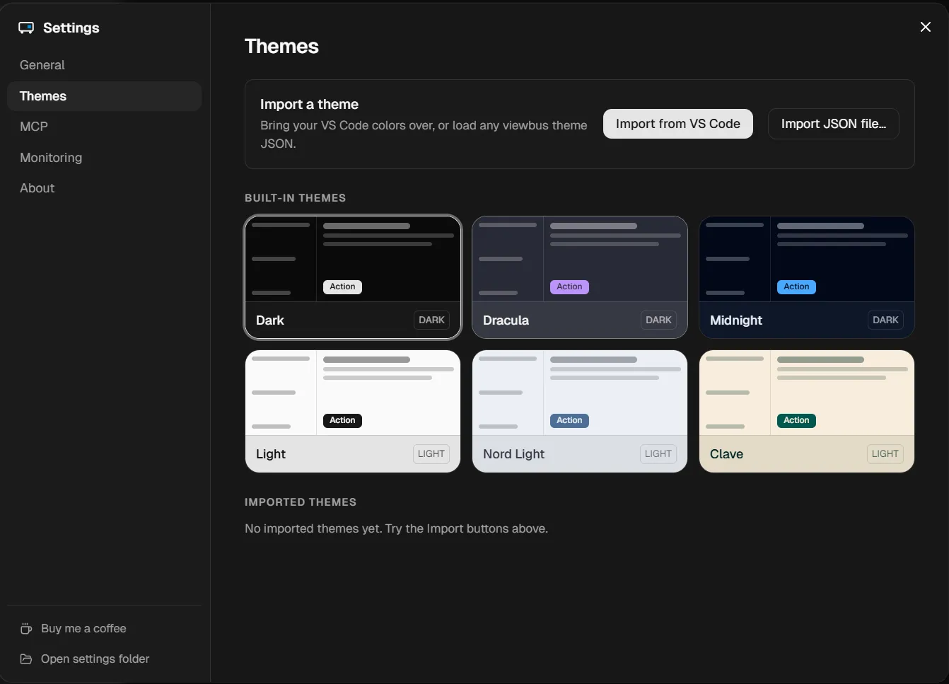 Built-in themes & VS Code import