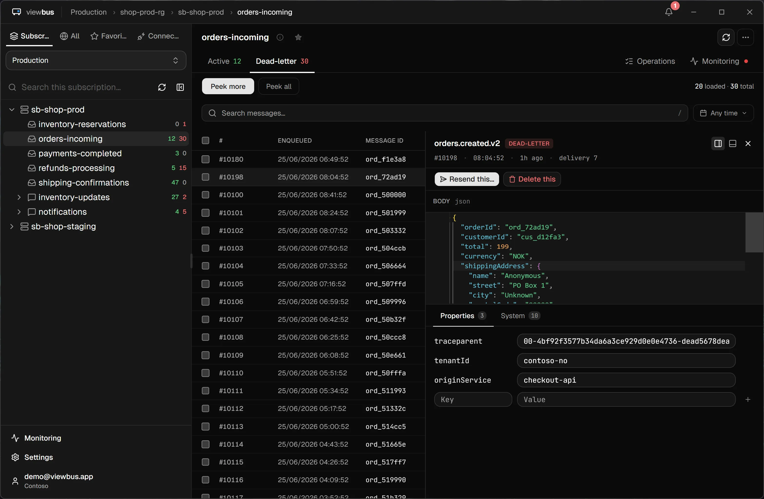 viewbus app showing the orders-incoming dead-letter queue with a selected message and its JSON body and properties