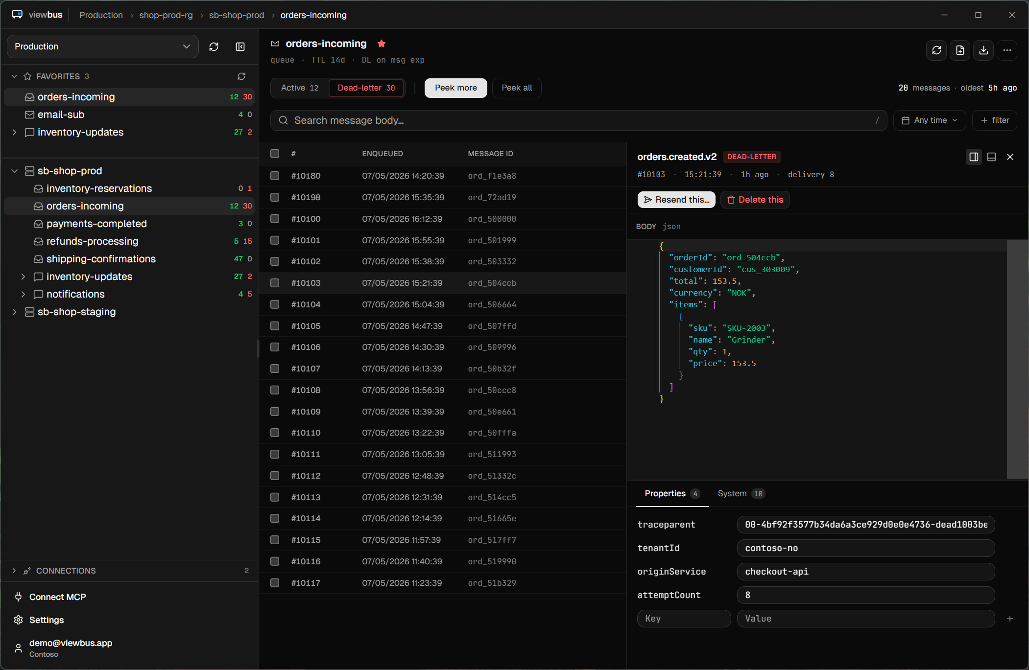 viewbus app showing the orders-incoming dead-letter queue with a selected message and JSON body preview